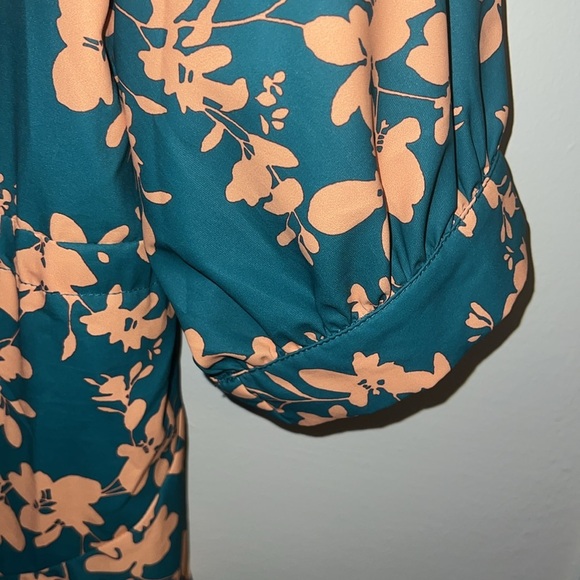 Floral Green and Orange Drop Waist Flowy Peasant Mini Dress - Picture 6 of 7